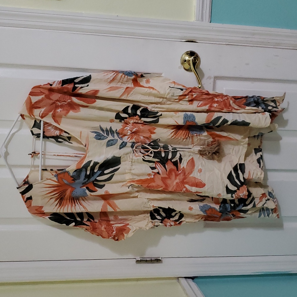Z&L Orange Colorful Floral Tropical Tie Waist Tassel Kaftan Tunic Top Coverup XL